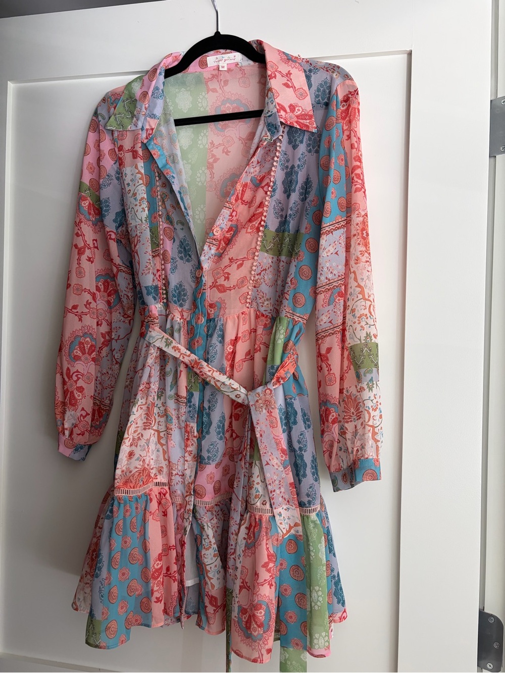 Women's Pink Multicolor Patchwork Shirt Dress with Belt